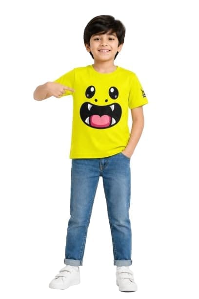 KUCHU Unisex T-Shirt | Monster Print | 8–9 Years | Cotton Modal Fabric | Soft Feel | Breathable | Digitally Printed | Vibrant Colour Yellow