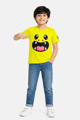 KUCHU Unisex T-Shirt | Monster Print | 8–9 Years | Cotton Modal Fabric | Soft Feel | Breathable | Digitally Printed | Vibrant Colour Yellow