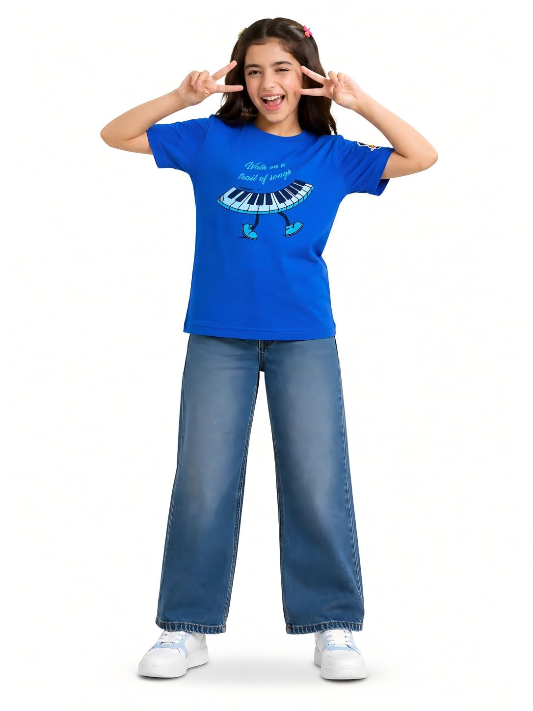 KUCHU Unisex T-Shirt | Walk On A Trail of Song Print | 8–9 Years | Cotton Fabric | Breathable | Casual Wear | Graphic Tee | Everyday Wear Blue